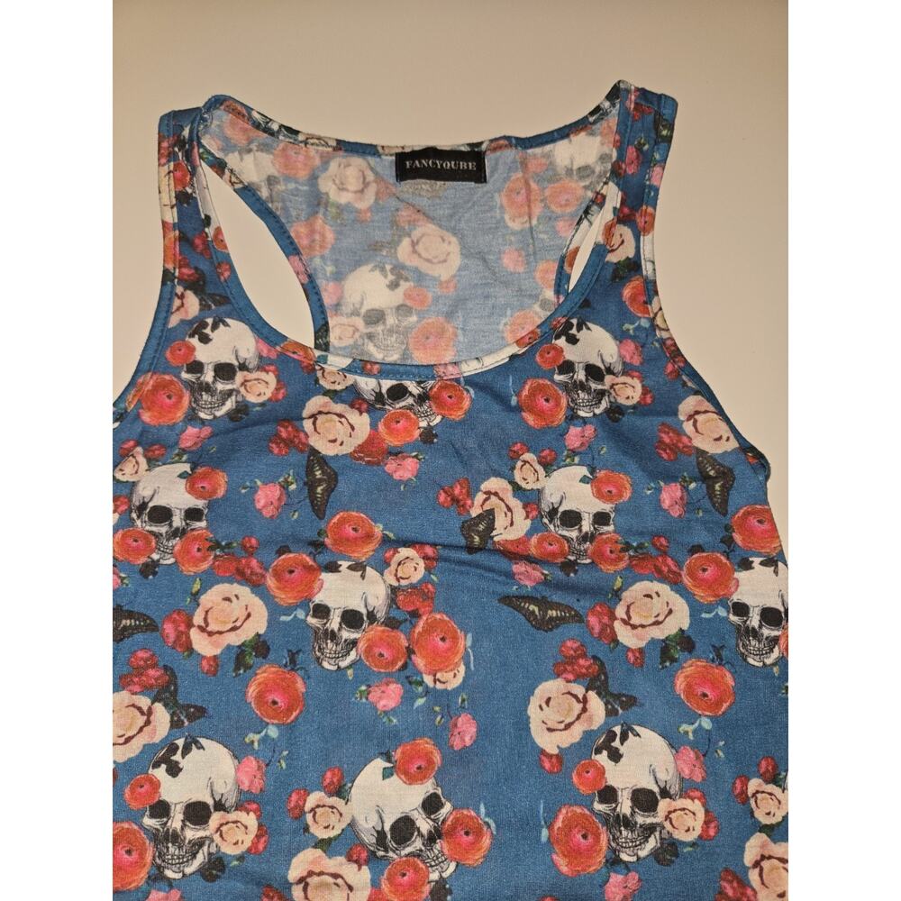 FANCYQUBE Women’s M/L Blue Floral Skull Racerback Tank Top Lace Hem - Picture 3 of 9